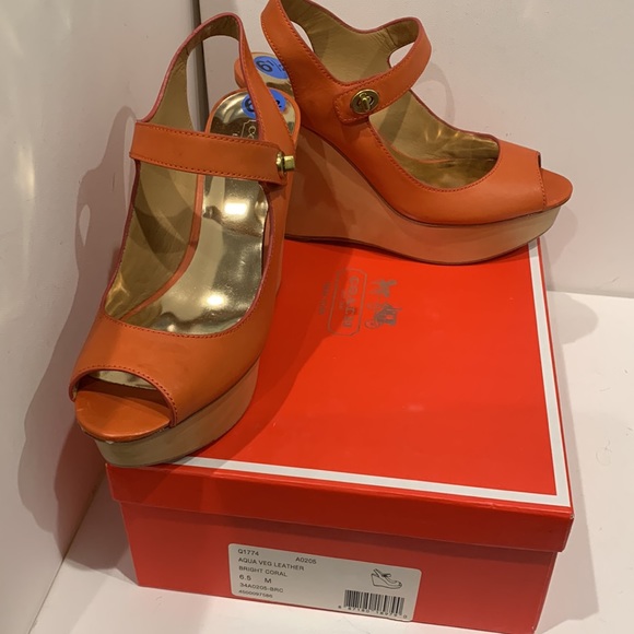 NWB - NEW Coach 🍊 Platform Sandal Wedge Aqua Veg Leather Shoe Tangerine Orange - Picture 10 of 15
